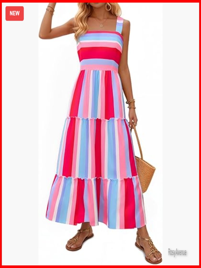 Maxi Dress Smocked Waist A-Line Flowy Summer Beach Sundress